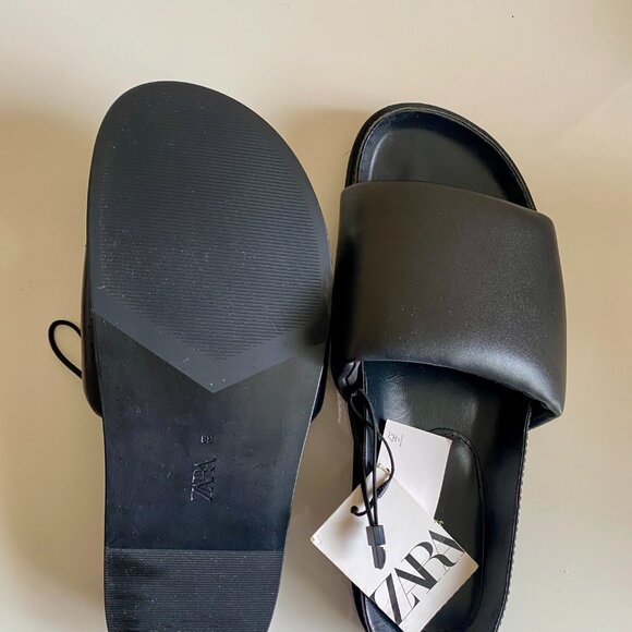 Zara Genuine Black Leather Padded Flat Sandals - Picture 4 of 5